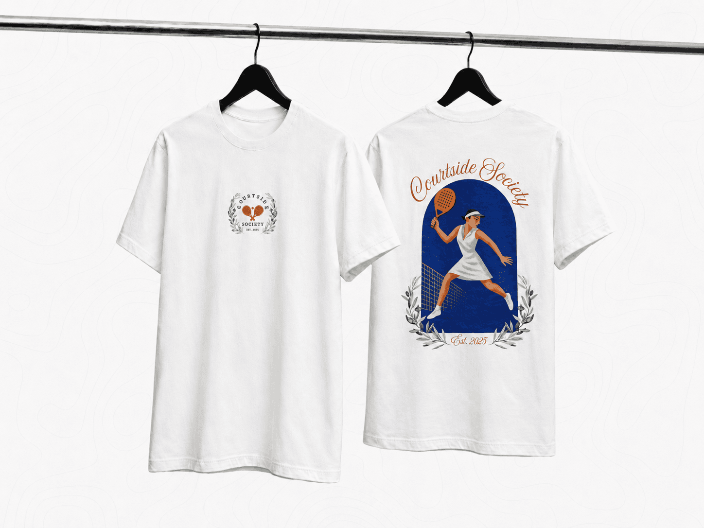 Front and back of the Courtside Society Court Tee, worn as a pair