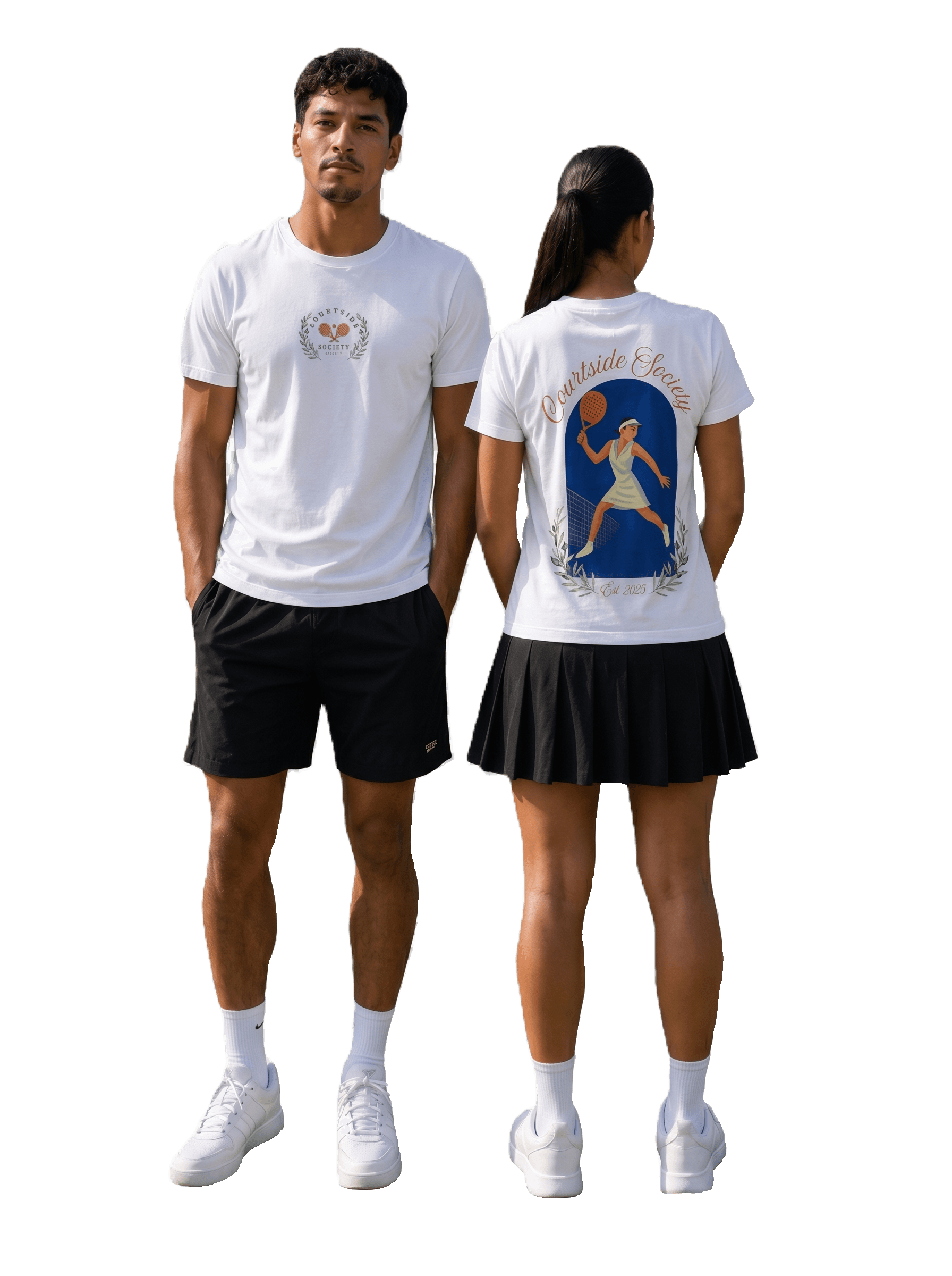 Two models wearing the Courtside Society Court Tee — crest on the front, full society graphic on the back